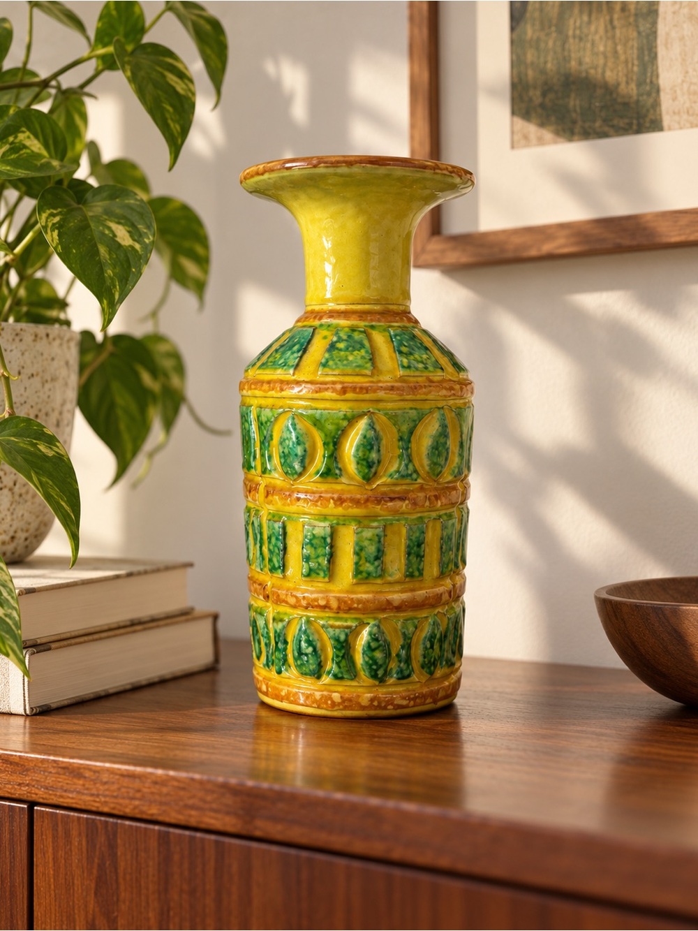 Vintage Italian Ceramic Vase – Yellow & Green Relief Pottery – Mid Century Moder